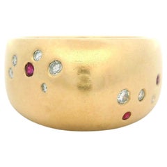 Gauthier 14k Yellow Gold Burnish Diamond Ruby & Sapphire Domed Heavy Band Ring
