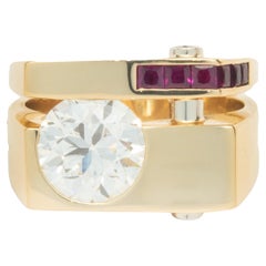Gauthier 18 Karat Yellow Gold Round European Cut Diamond and Ruby Structure Ring