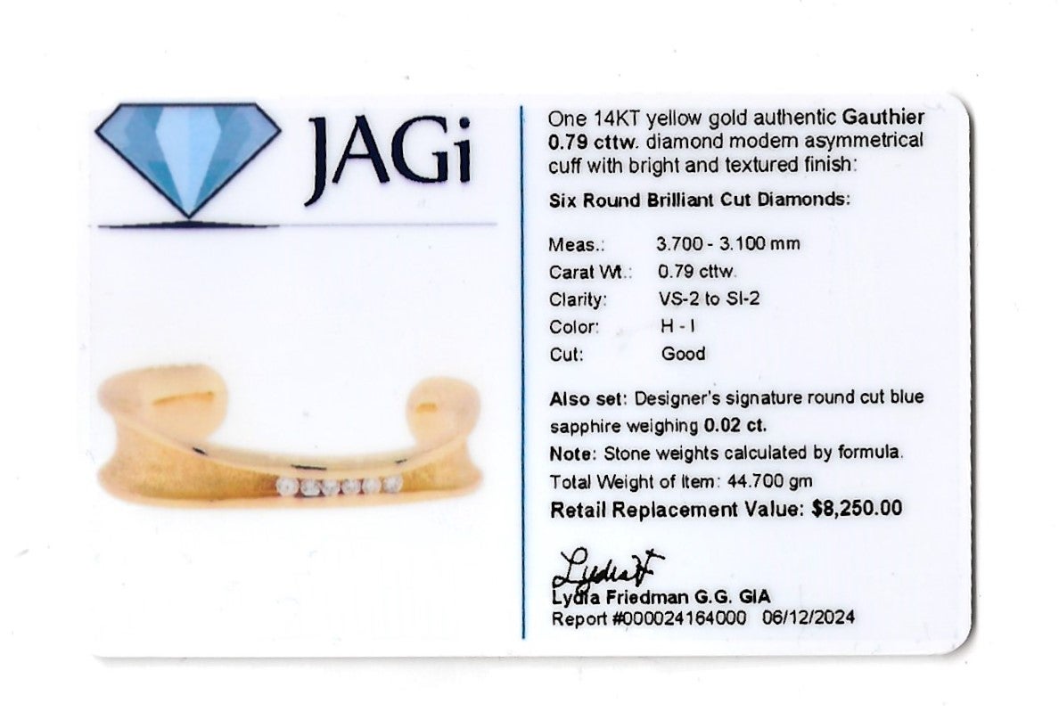 Bracciale asimmetrico con diamanti in oro 14 carati testurizzato e lucidato di Gauthier in vendita 3