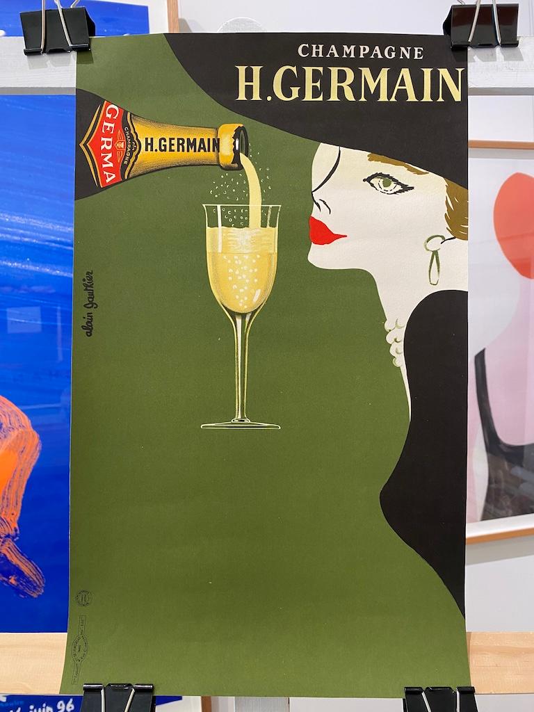 Il manifesto dello Champagne Germain di Alain Gauthier è un esempio di design pubblicitario francese degli anni '80 che colpisce per la sua eleganza. Gauthier, celebre illustratore e cartellonista francese, ha creato questa immagine per riflettere