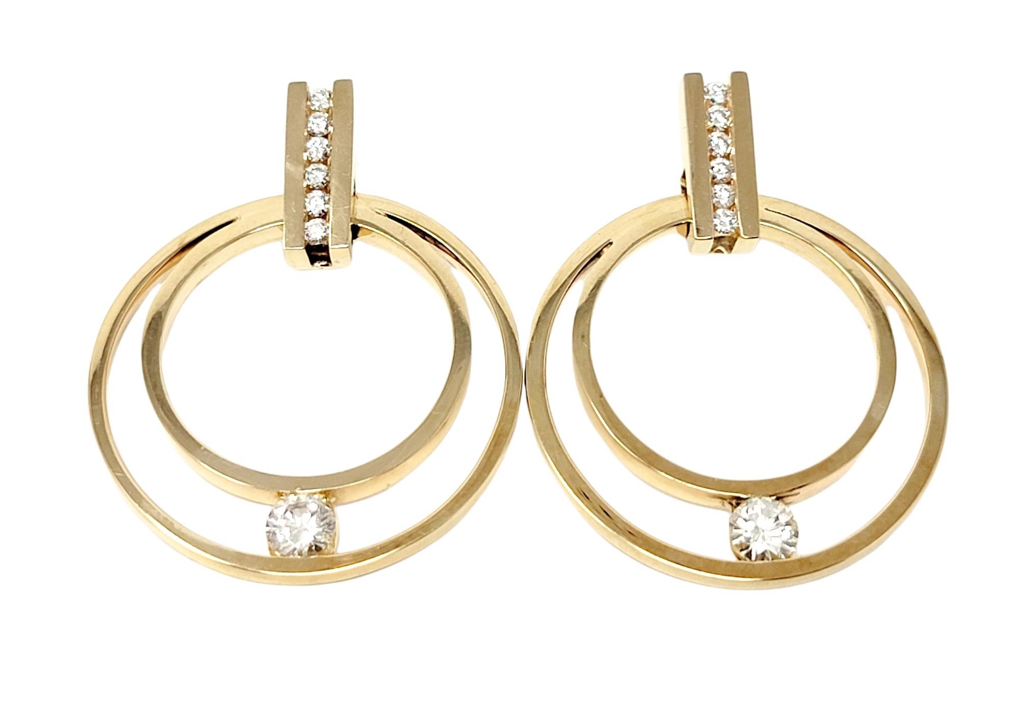 Contemporary Gauthier Diamond Double Circle Pierced Earrings in 14 Karat Yellow Gold For Sale
