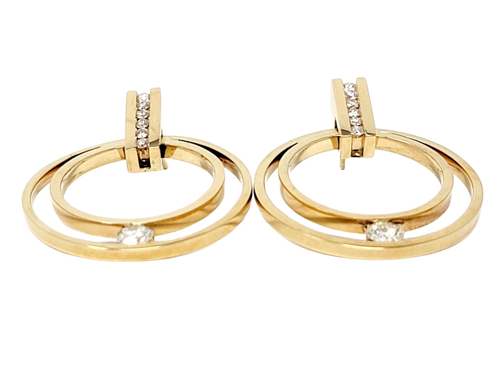 Round Cut Gauthier Diamond Double Circle Pierced Earrings in 14 Karat Yellow Gold For Sale