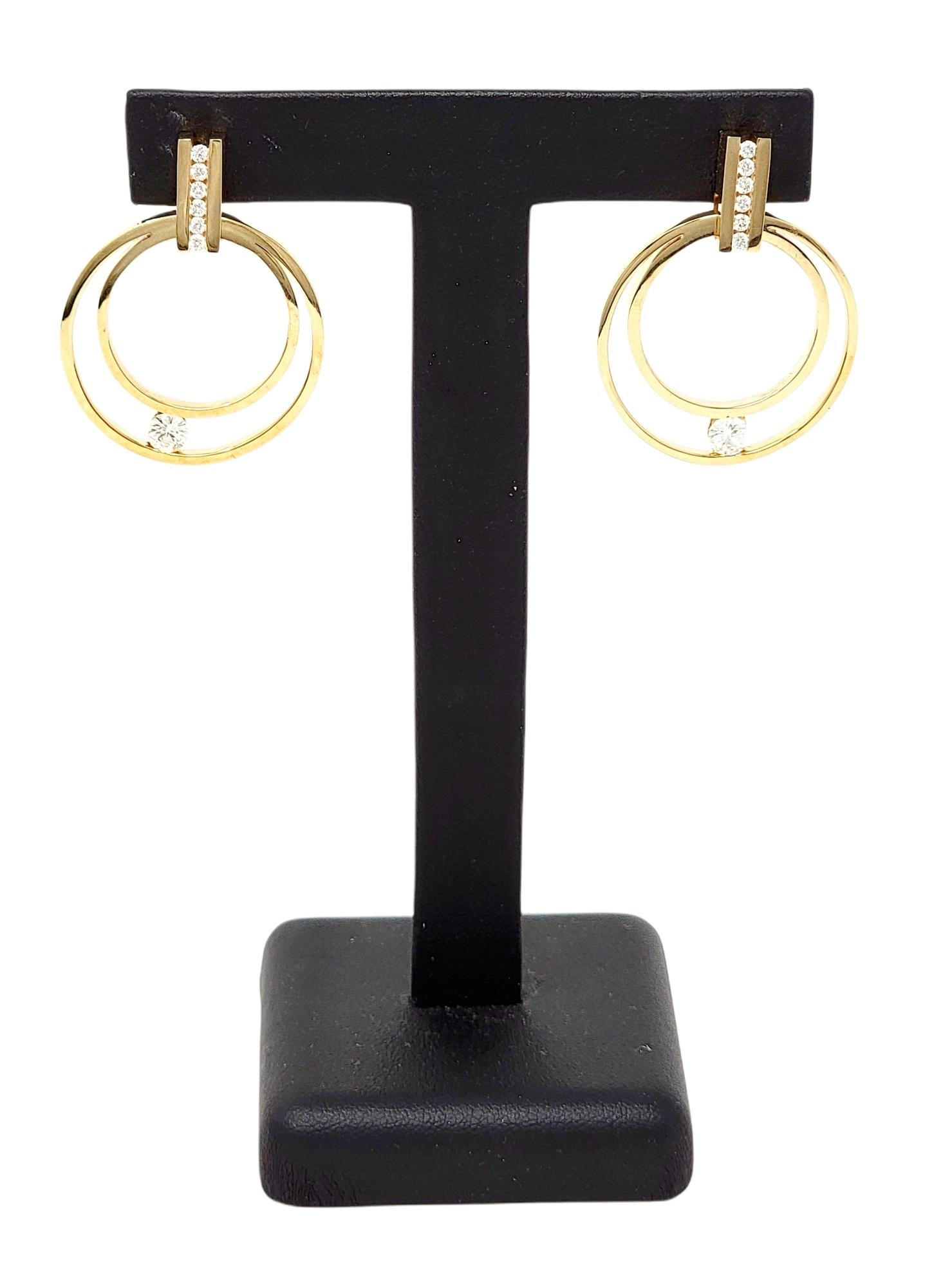 Women's Gauthier Diamond Double Circle Pierced Earrings in 14 Karat Yellow Gold For Sale