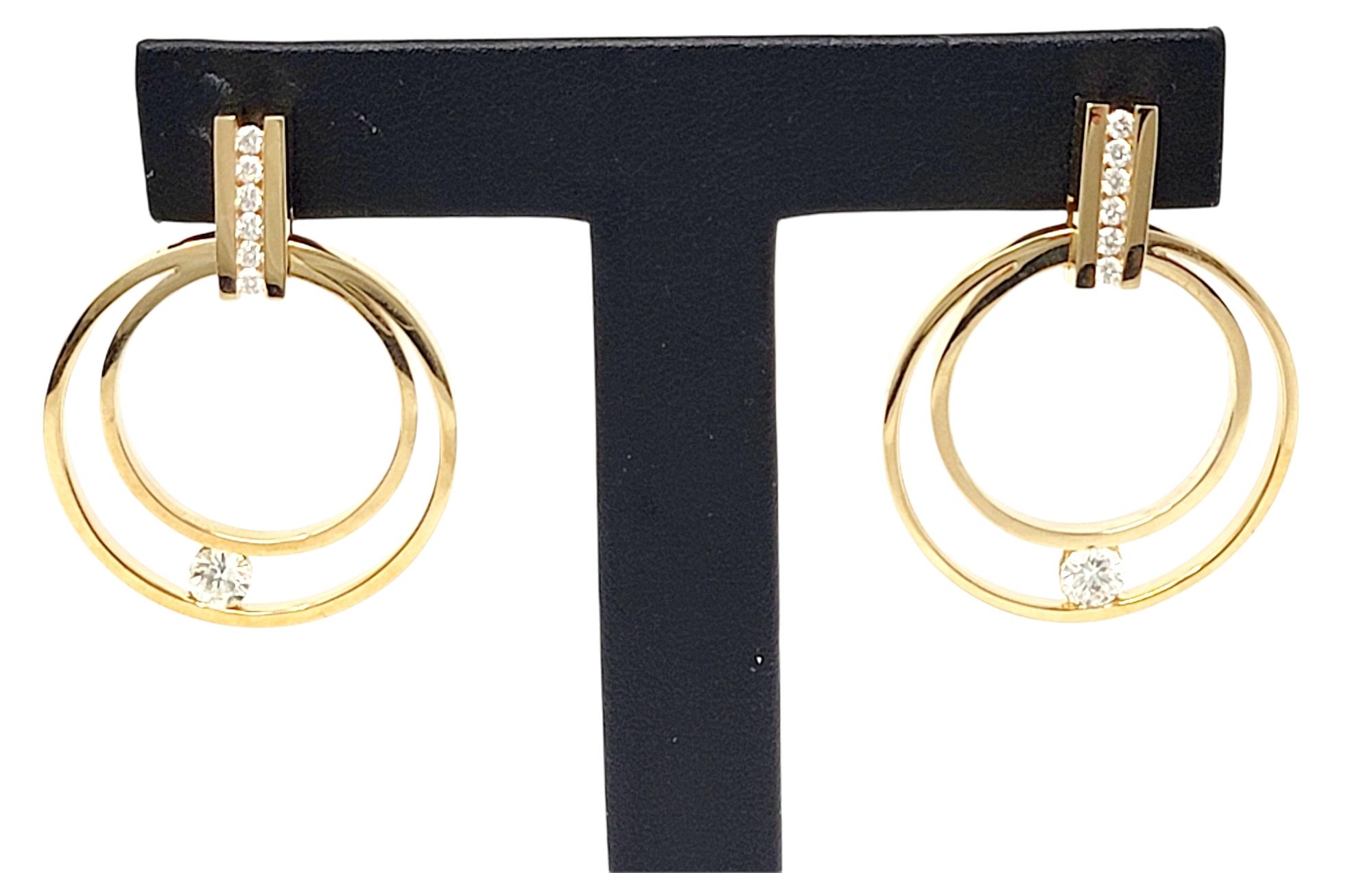 Gauthier Diamond Double Circle Pierced Earrings in 14 Karat Yellow Gold For Sale 1