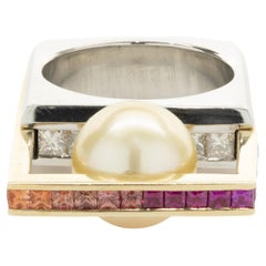 Gauthier Platinum & 14KY Gold Rainbow Sapphire, Diamond, and Golden Pearl Ring