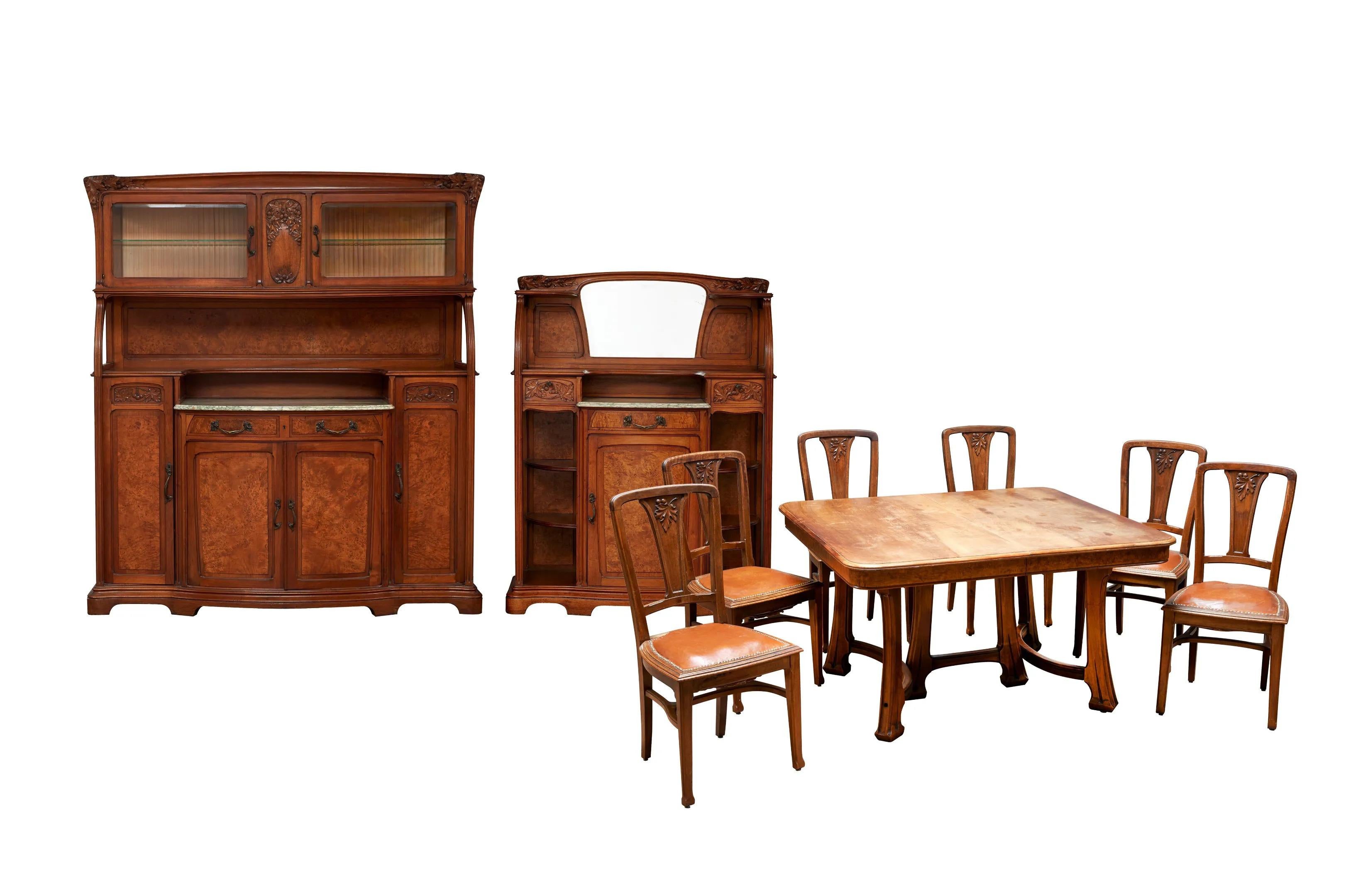 French  Gauthier-Poinsignon & Cie, Art Nouveau Dining Room Furniture in Walnut and Elm For Sale