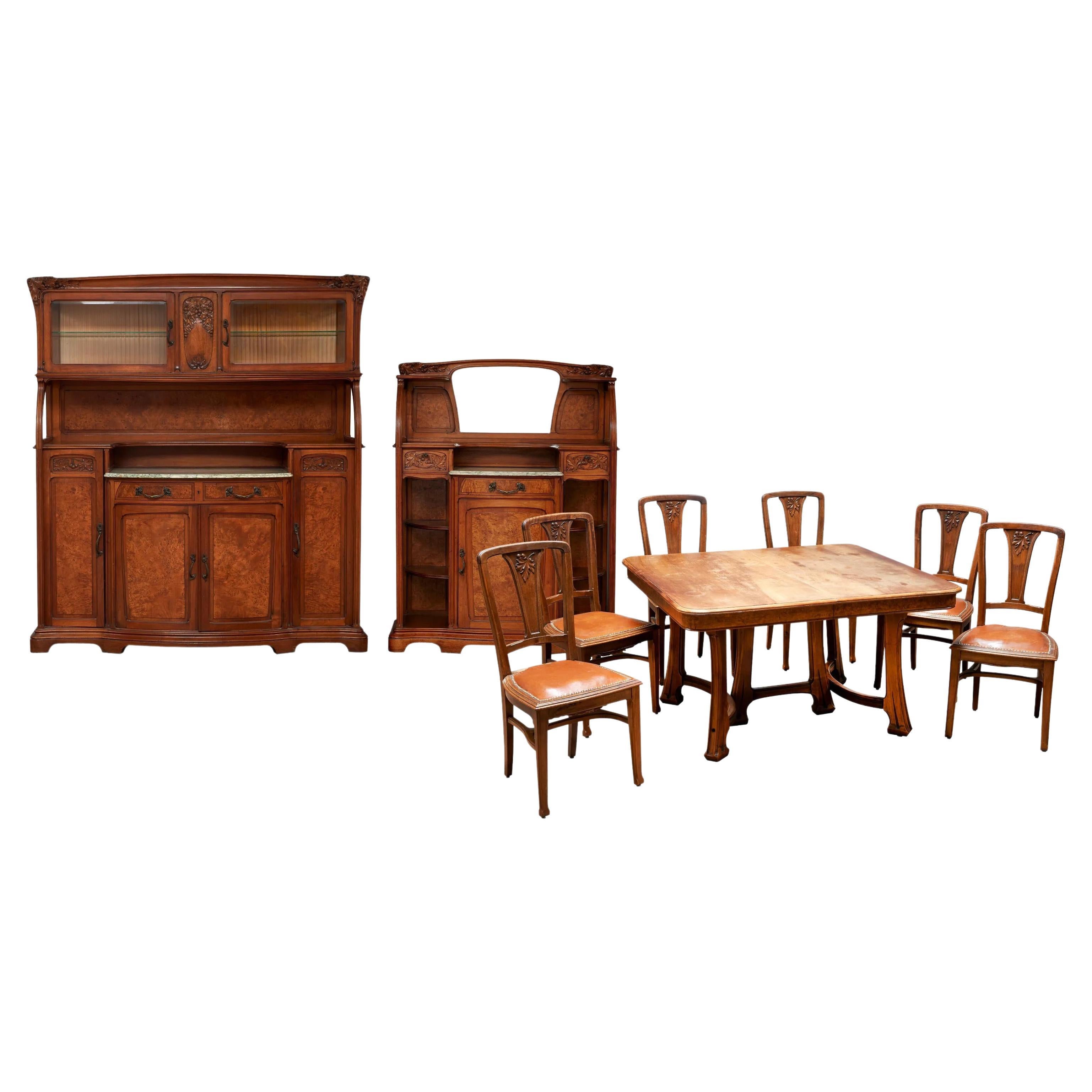  Gauthier-Poinsignon & Cie, Art Nouveau Dining Room Furniture in Walnut and Elm For Sale