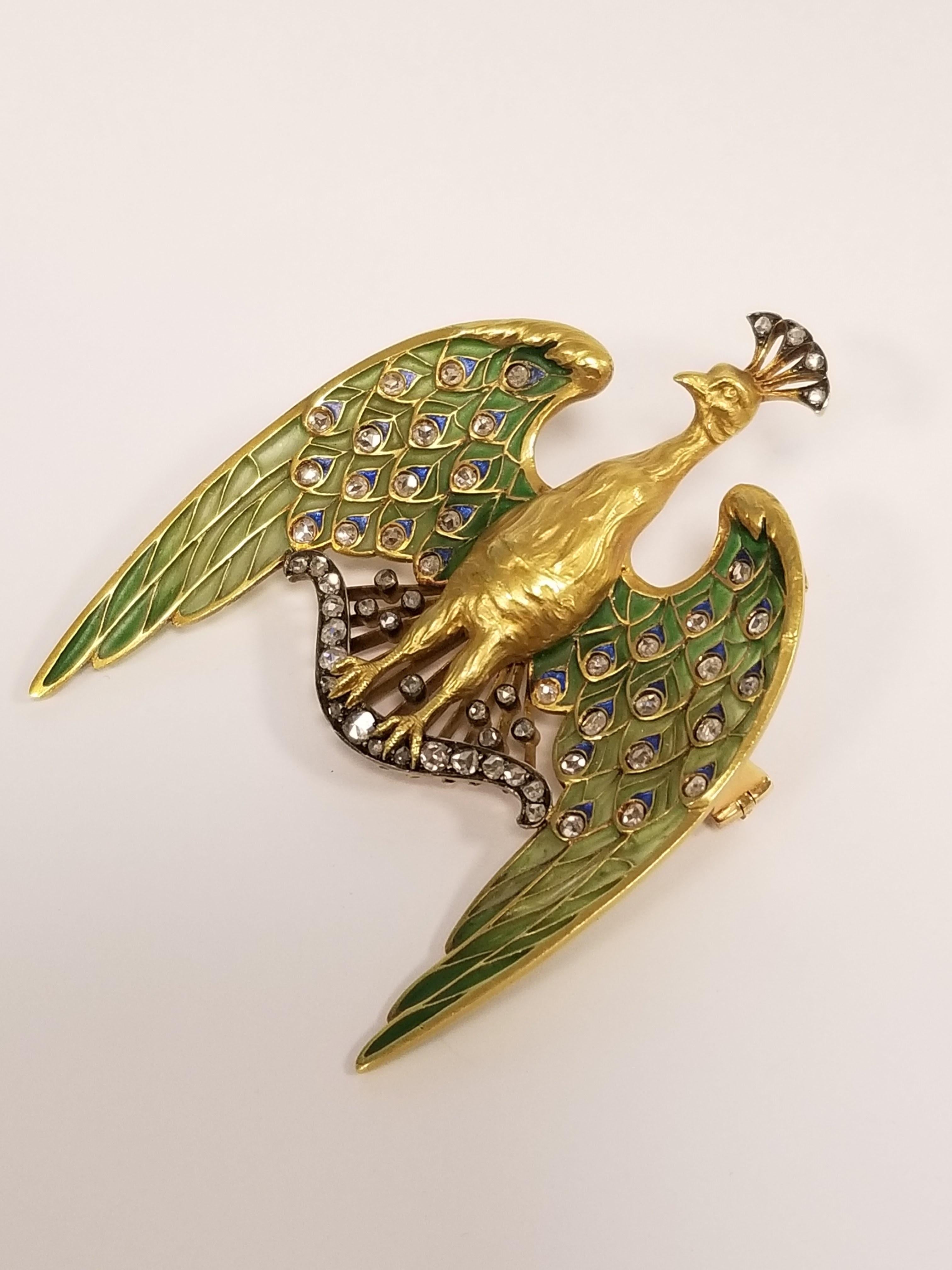 Gautrait Art Nouveau Diamond Gold Silver Plique-à-Jour Peacock Pendant Brooch In Excellent Condition In New York, NY