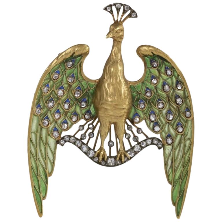 Gautrait Art Nouveau Diamond Gold Silver Plique-à-Jour Peacock Pendant Brooch