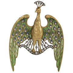 Antique Gautrait Art Nouveau Diamond Gold Silver Plique-à-Jour Peacock Pendant Brooch