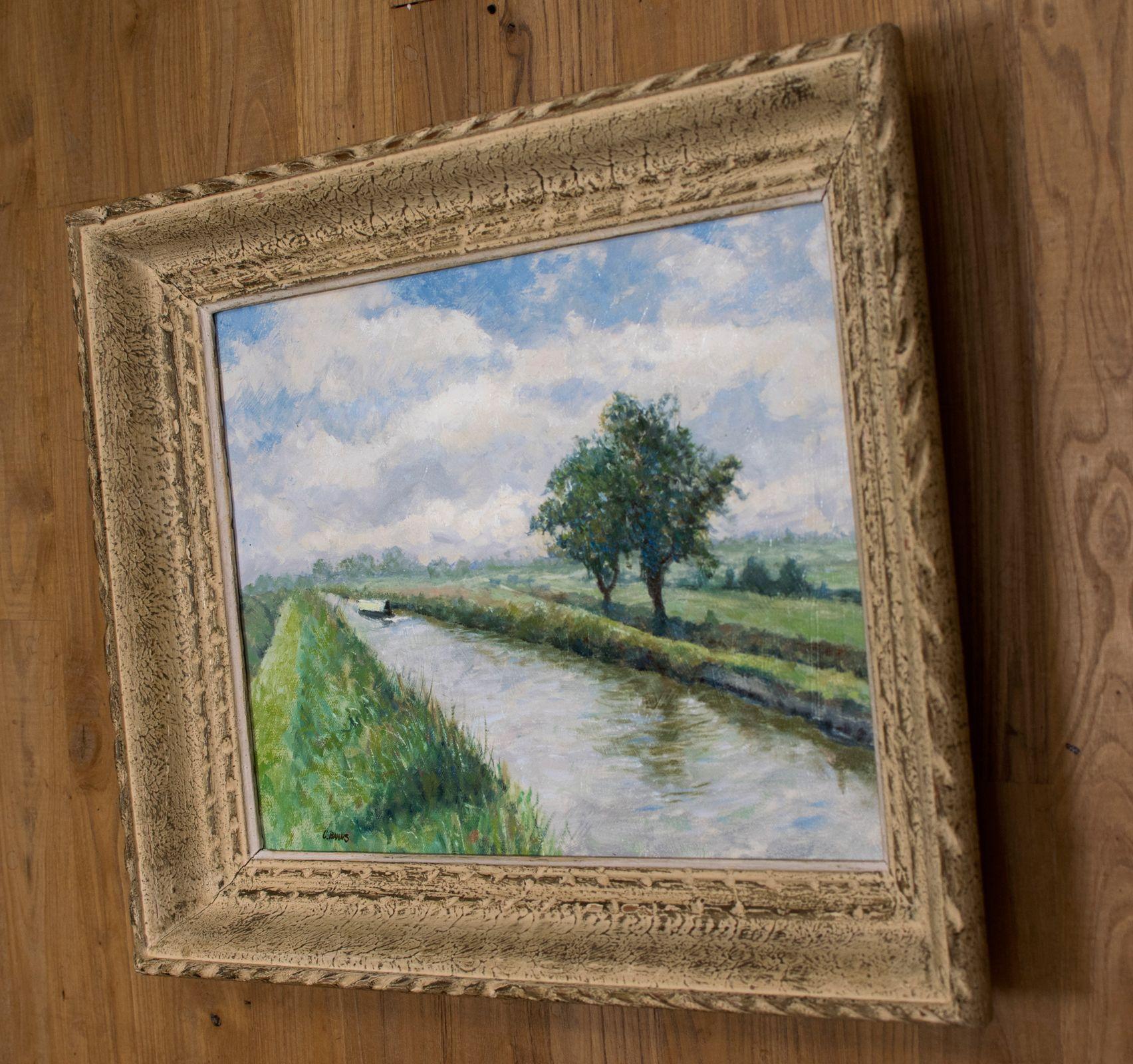 Morning amble o'er the grass strown towpath. Impressionist Canal painting.    An early morning gongoozle by the edge of a canal, a memory from a former life. An original oil painting in the style of impressionism on stretched linen canvas. It comes
