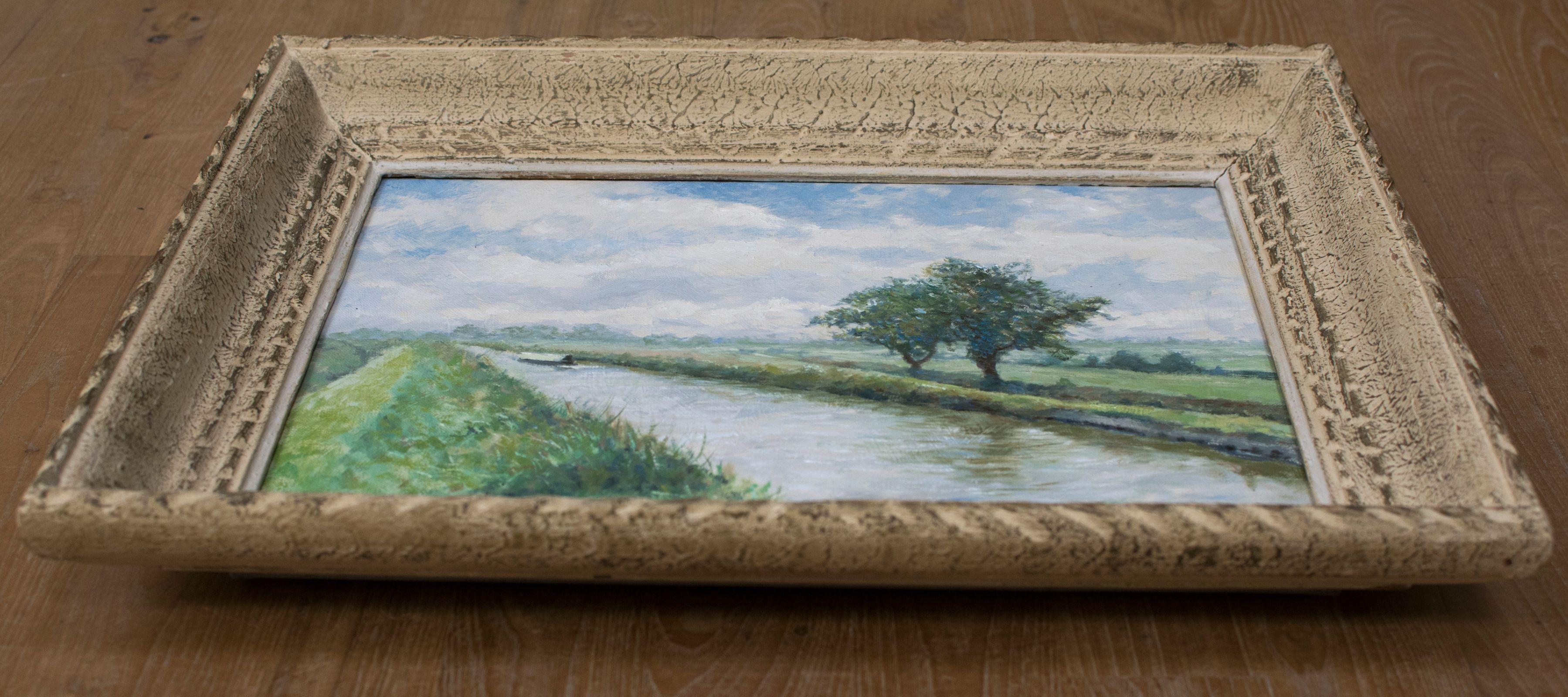 A morning walk by the canal edge., Painting, Oil on Canvas For Sale 1