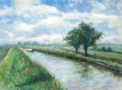 A morning walk by the canal edge., Painting, Oil on Canvas