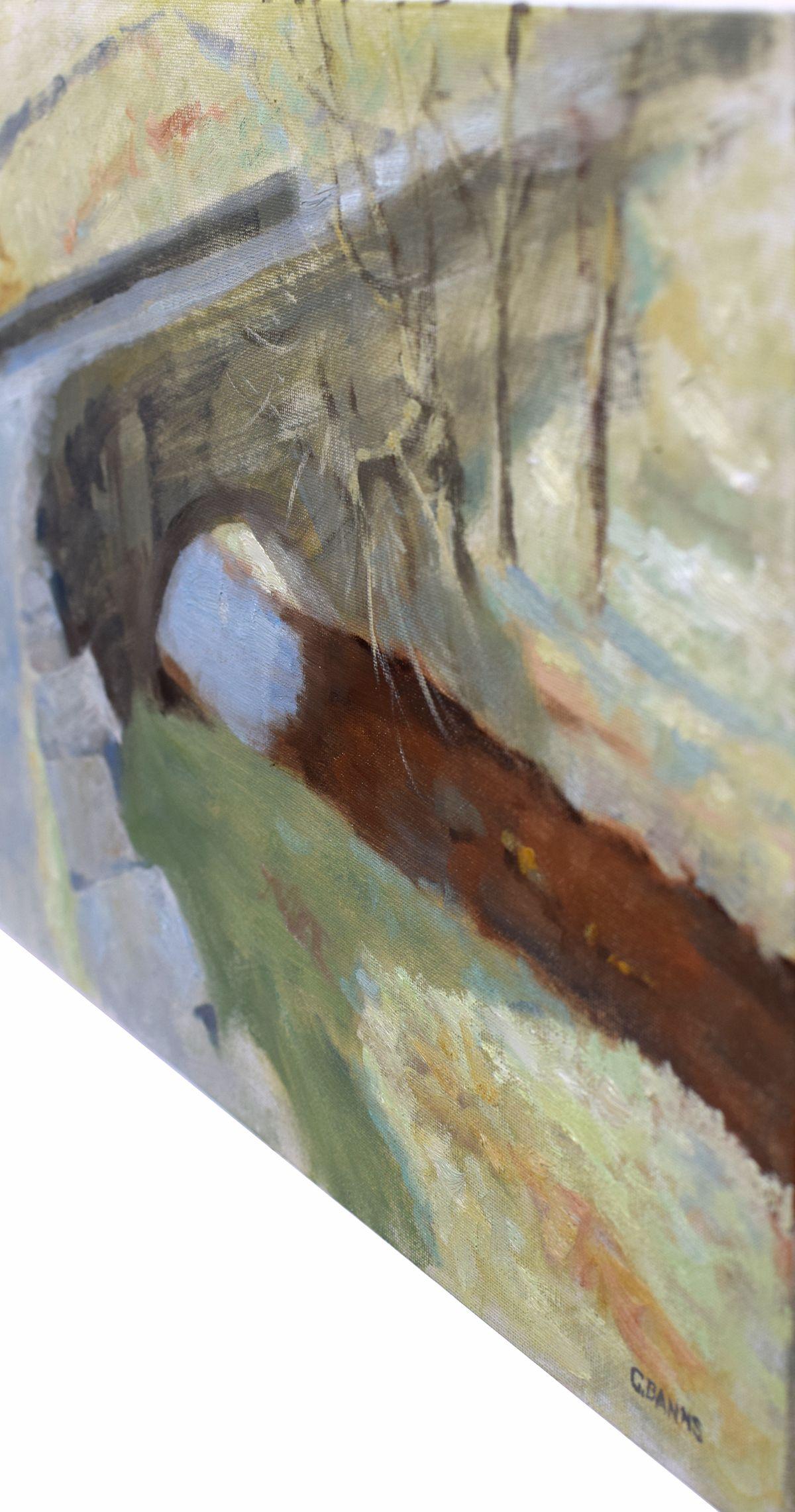 Un óleo impresionista de un viejo puente de piedra en el distrito de Derbyshire Peak, con una fuerte luz invernal.    Pintado con óleos profesionales de bellas artes, sobre lienzo.   :: Pintura :: Impresionista :: Esta obra viene con un certificado