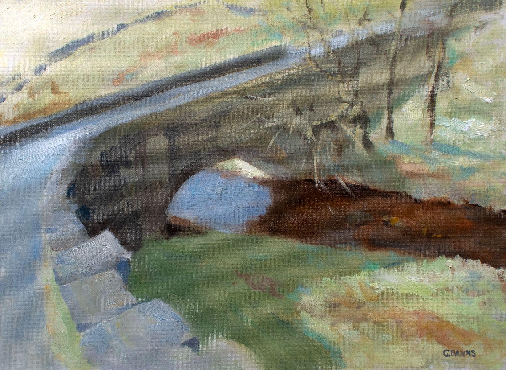 Puente sobre el río en un frío día de invierno, Pintura, Óleo sobre lienzo - Painting de Gav Banns