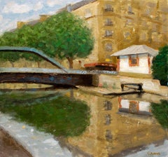 Canal Saint-Martin Paris City Reflections, Painting, Oil on Canvas