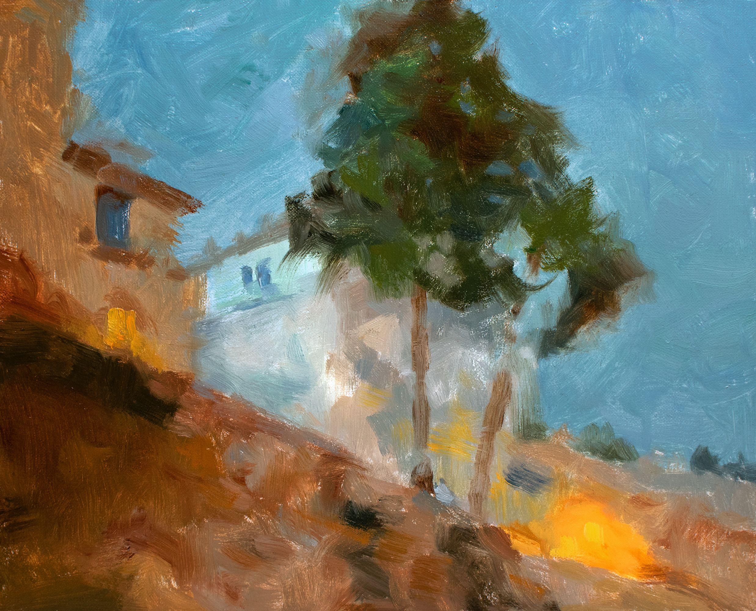 From within the city of Rome as dusk settled into night. This is a loosely painted impressionist oil painting on Italian manufacture canvas attached to a wooden board. It is sized 24x30cm (9.4in x 11.8in). :: Painting :: Impressionist :: This piece