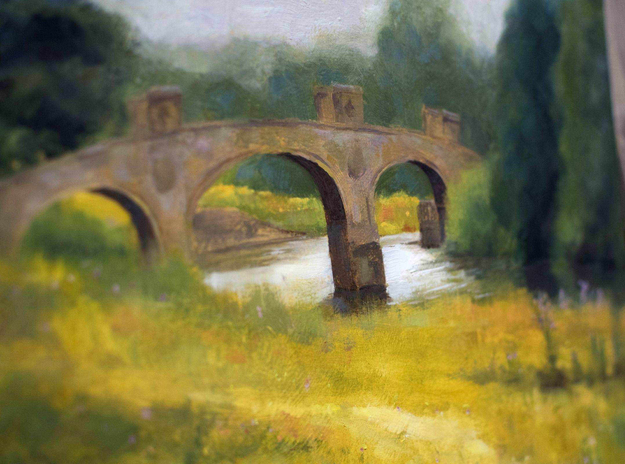 This is an original oil painting of the Dam Head Bridge, a great II listed bridge found in the grounds of the Yorkshire Sculpture Park, by the River Dearne, and set just across from a number of famous Henry Moore sculptures.    It is painted in an