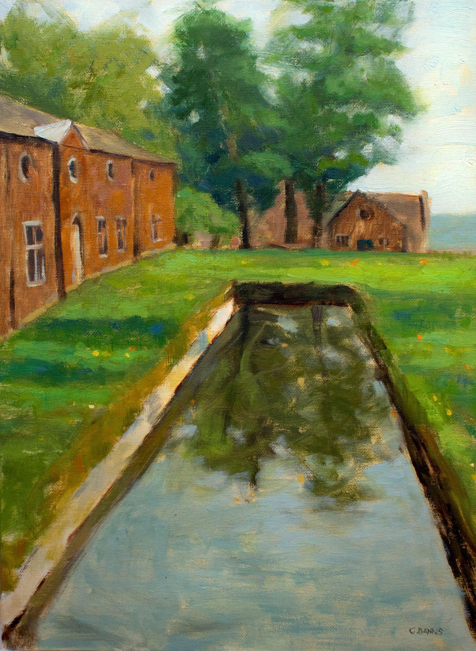 This is an original, impressionist oil painting of some listed farm outbuildings found on the Dunham Massey estate in Trafford, Greater Manchester, England.     It is sized 30cm x 40cm and is on canvasboard (canvas attached to a board for added