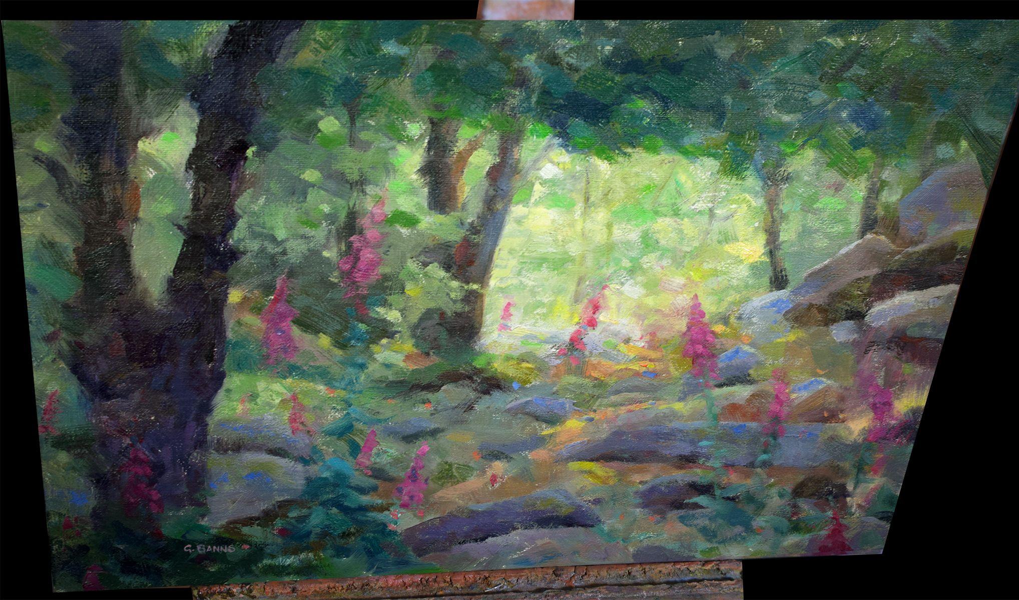 Foxgloves auf dem mit Licht durchfluteten Waldboden, Gemälde, Öl auf Leinwand (Impressionismus), Painting, von Gav Banns