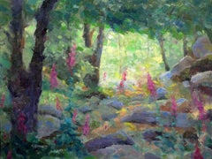 Foxgloves on the forest floor bathed in light, Painting, Oil on Canvas