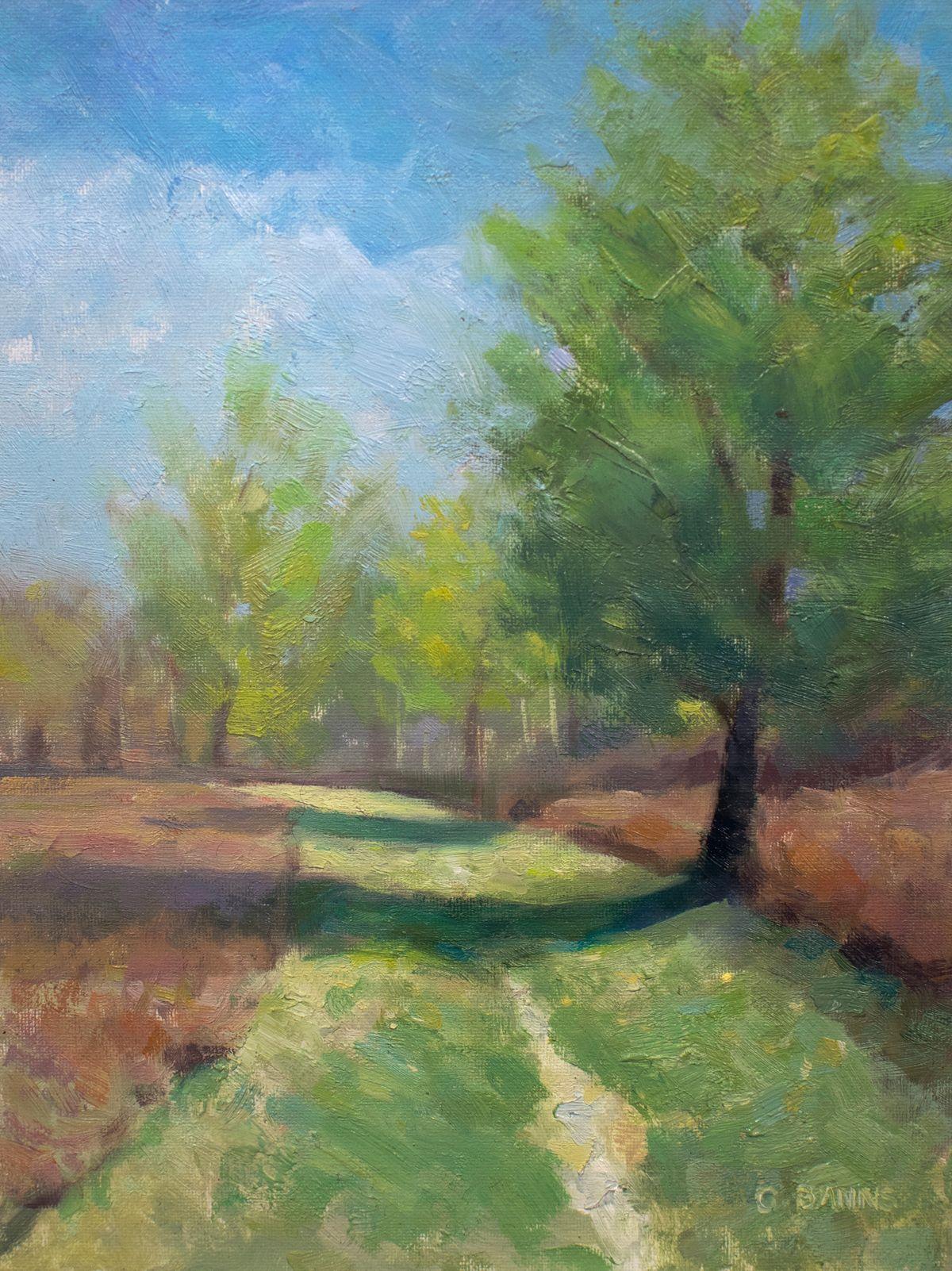 This is a pathway into a nature reserve (home to salamanders, rare frogs and butterflies) in a remote part of Western France. It is painted on Italian canvasboard (canvas attached to a wooden board) in an impressionist manner, and has been left for