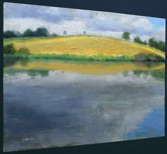 Hay Bale Field across the Reservoir, England, Painting, Oil on Canvas