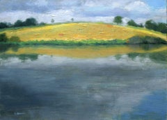 Hay Bale Field across the Reservoir, England, Painting, Oil on Canvas