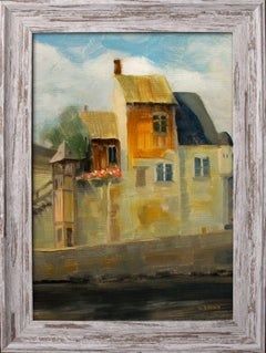 Honfleur harbor France, old buildings framed oil, Painting, Oil on Canvas