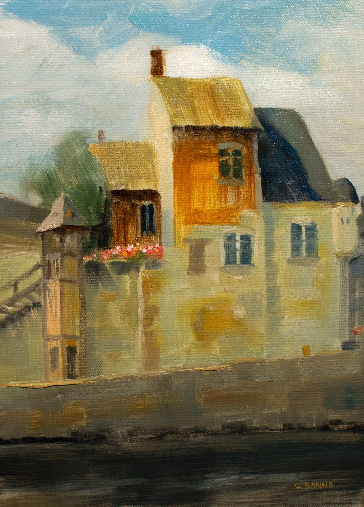 Honfleur harbor France, old buildings framed oil, Painting, Oil on Canvas For Sale 1