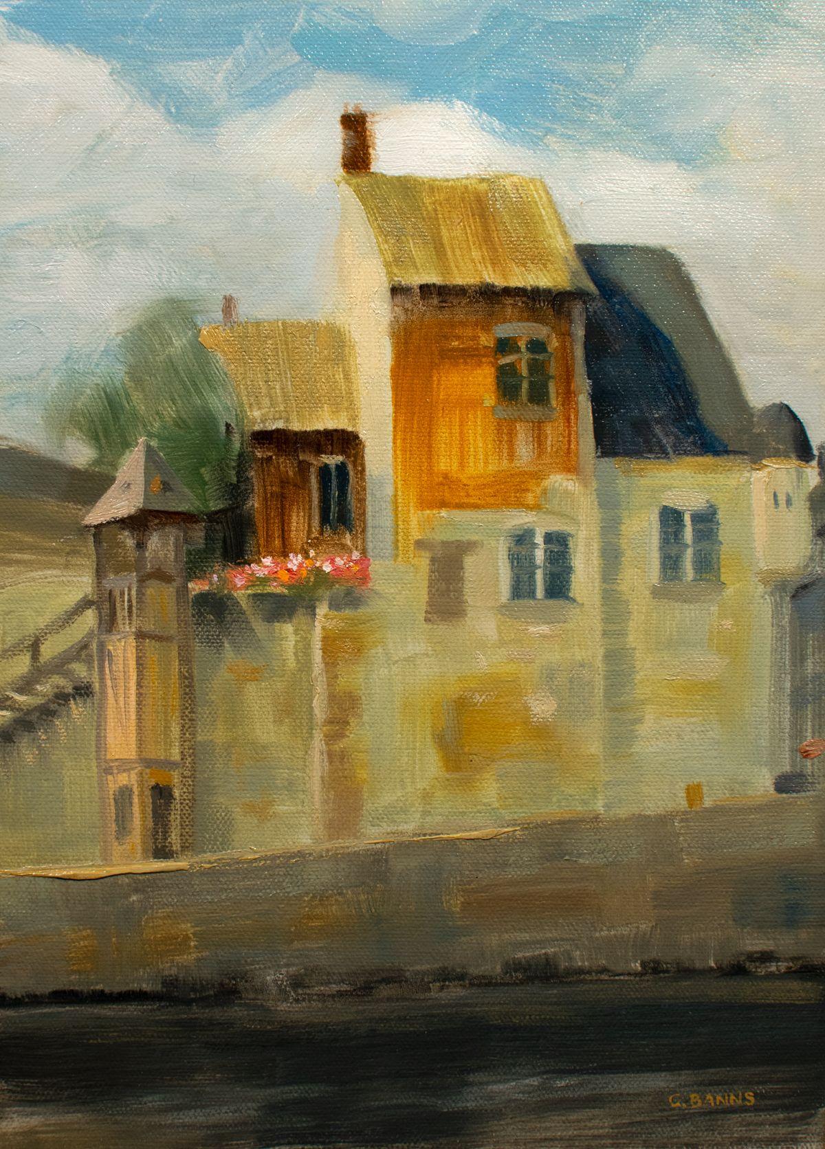 Porto di Honfleur Francia, vecchi edifici incorniciati ad olio, Pittura, Olio su tela in vendita 2