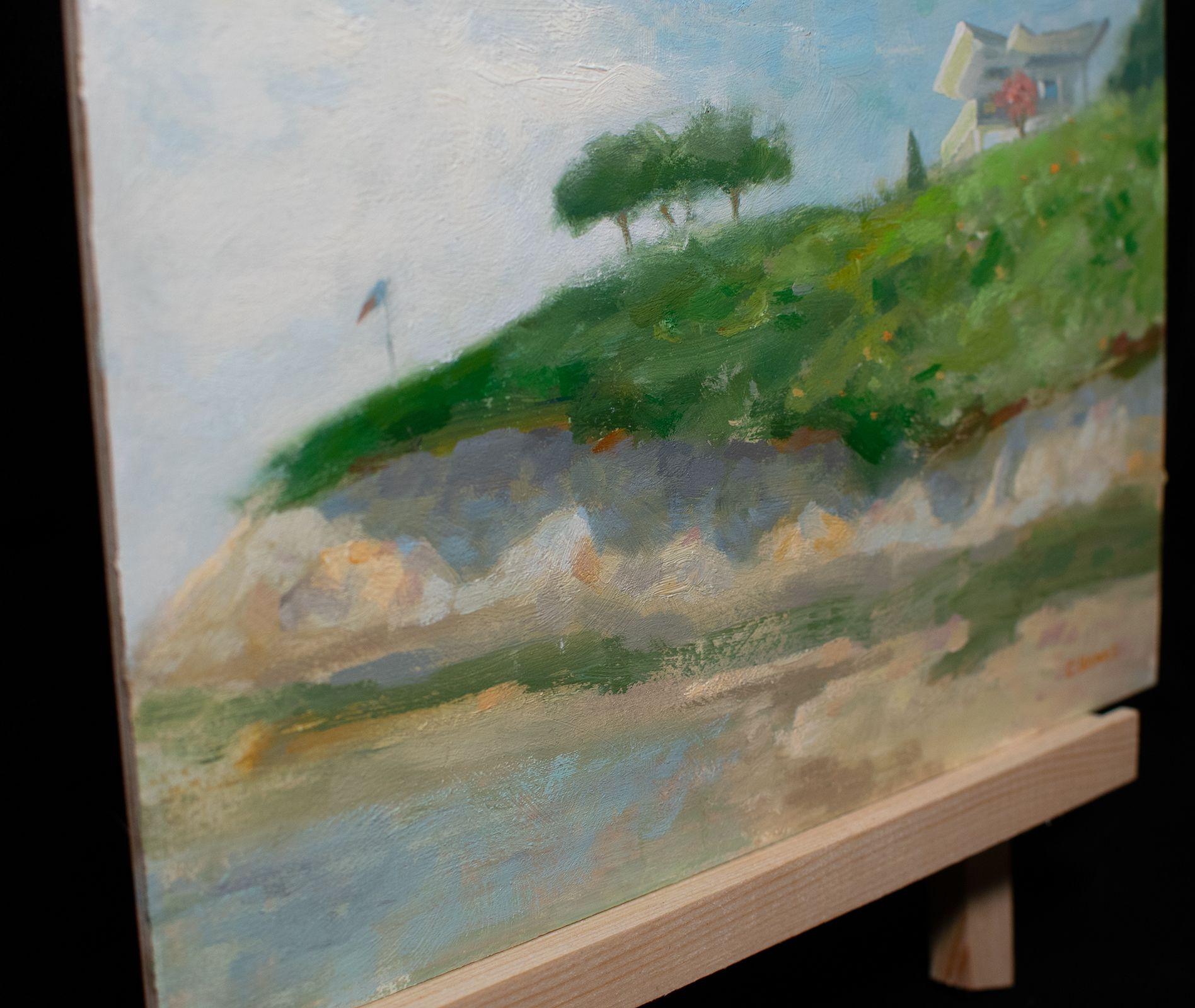 House on coastal cliff on the French coast, Painting, Oil on Wood Panel For Sale 1