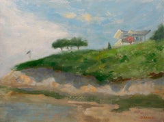 House on coastal cliff on the French coast, Painting, Oil on Wood Panel