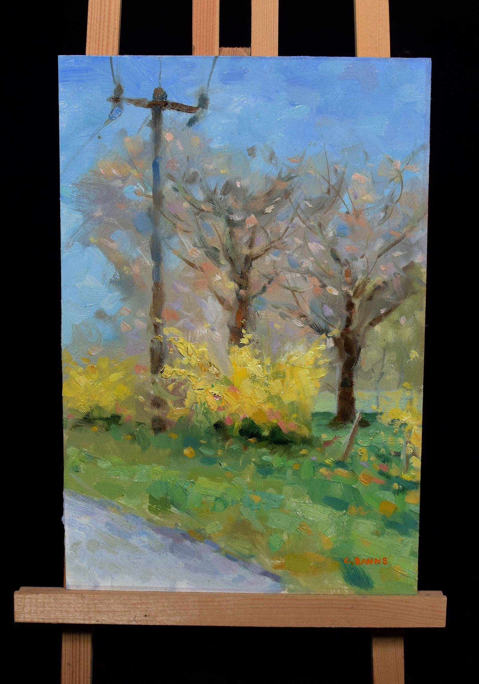 I primi fiori gialli della forsizia, che cresce spontanea sul ciglio della strada in primavera. Dipinto in stile impressionista su tela italiana fissata a una tavola di legno per un supporto rigido.    Il dipinto è stato lasciato asciugare per un