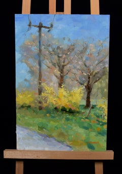Impressionism Forsythia Spring Bloom Road Side art, Painting, Oil on Canvas