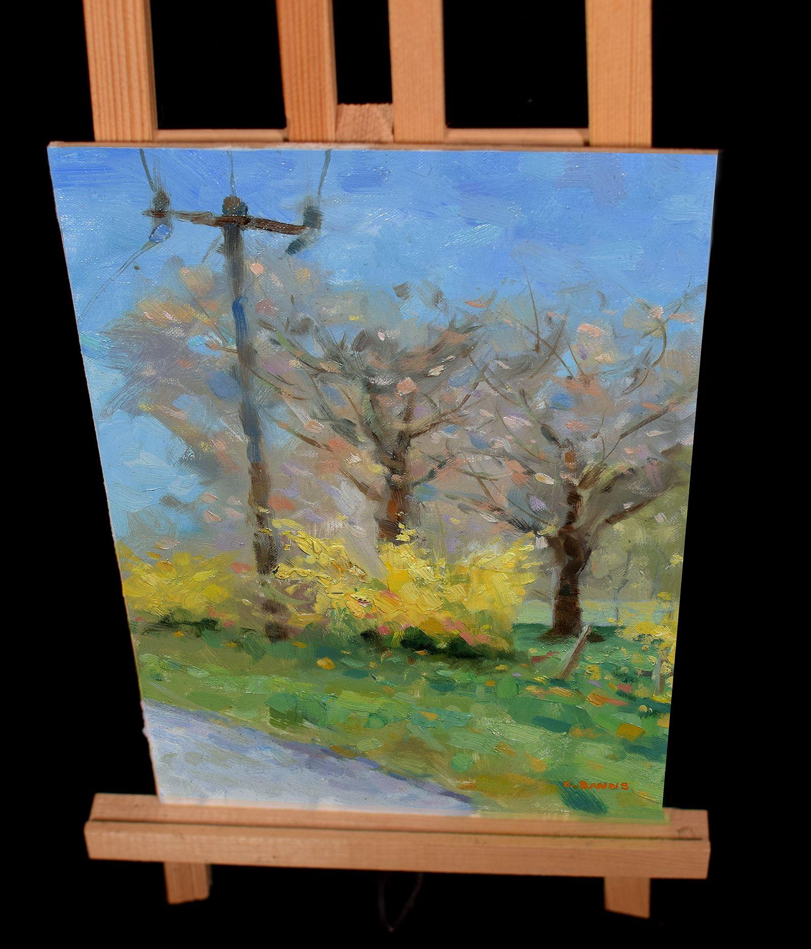 Impressionismo Forsythia Spring Bloom Arte su strada, Pittura, Olio su tela in vendita 1