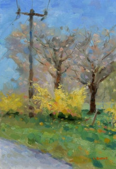 Art impressionniste de Forsythia Spring Bloom Road Side, peinture, huile sur toile