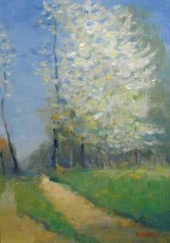 Impressionism Tree Spring Blossom Early Morning, Painting, Oil on Canvas