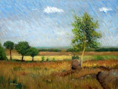 Impressionistisches Feld und Bäume in englischer Landschaft, Gemälde, Öl auf Leinwand