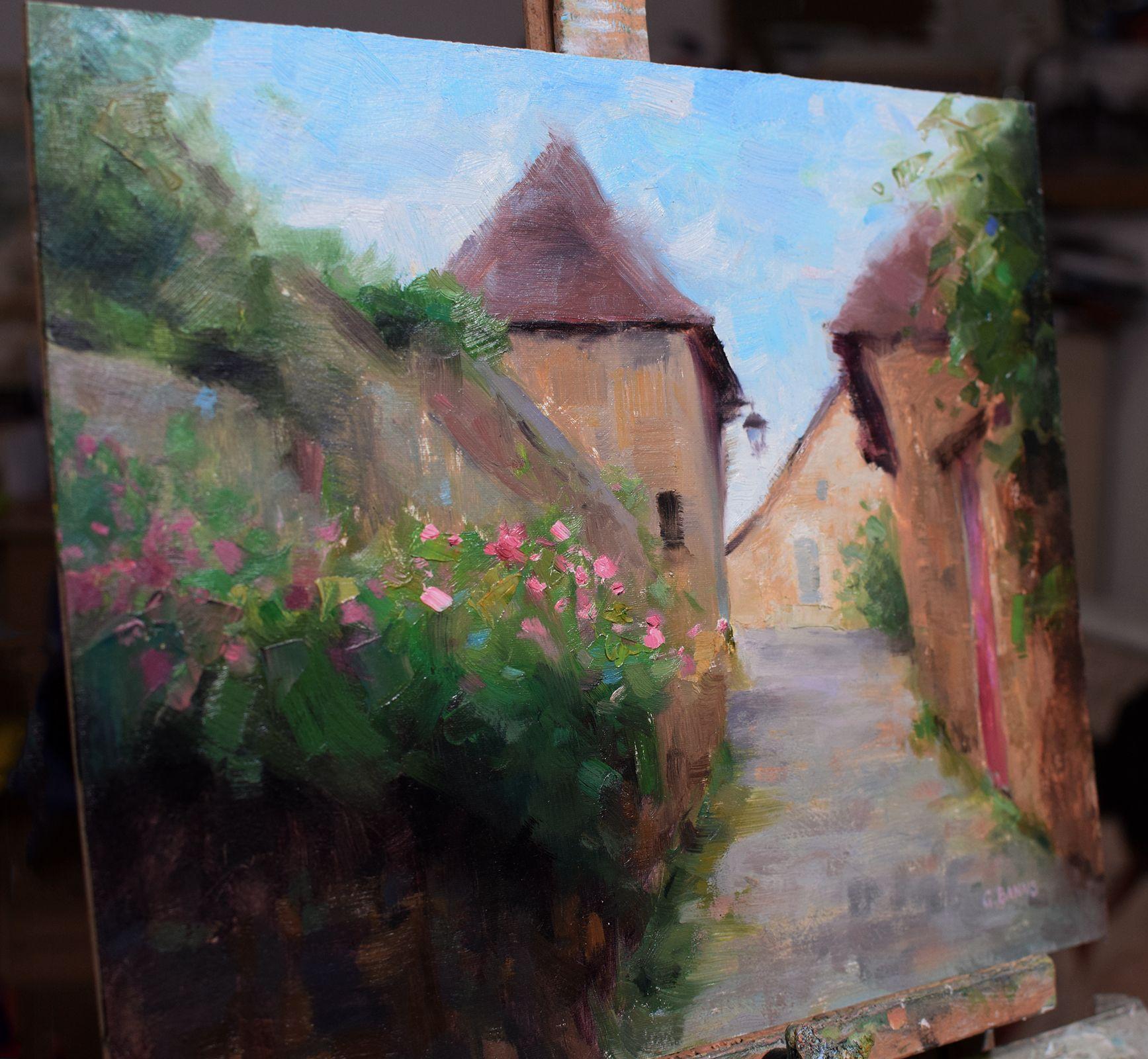 Impressionist medieval street in Correze France, Painting, Oil on Canvas For Sale 1