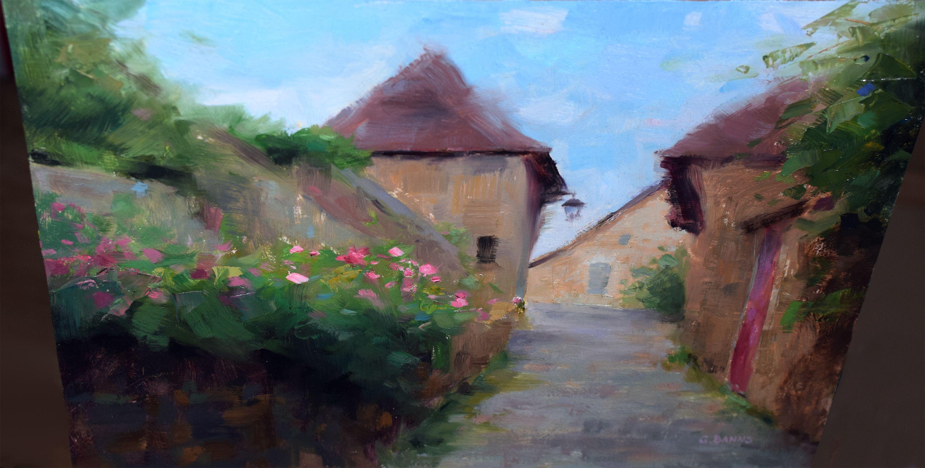 Impressionist medieval street in Correze France, Painting, Oil on Canvas For Sale 2