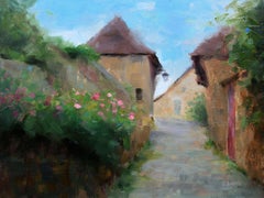Impressionist medieval street in Correze France, Painting, Oil on Canvas