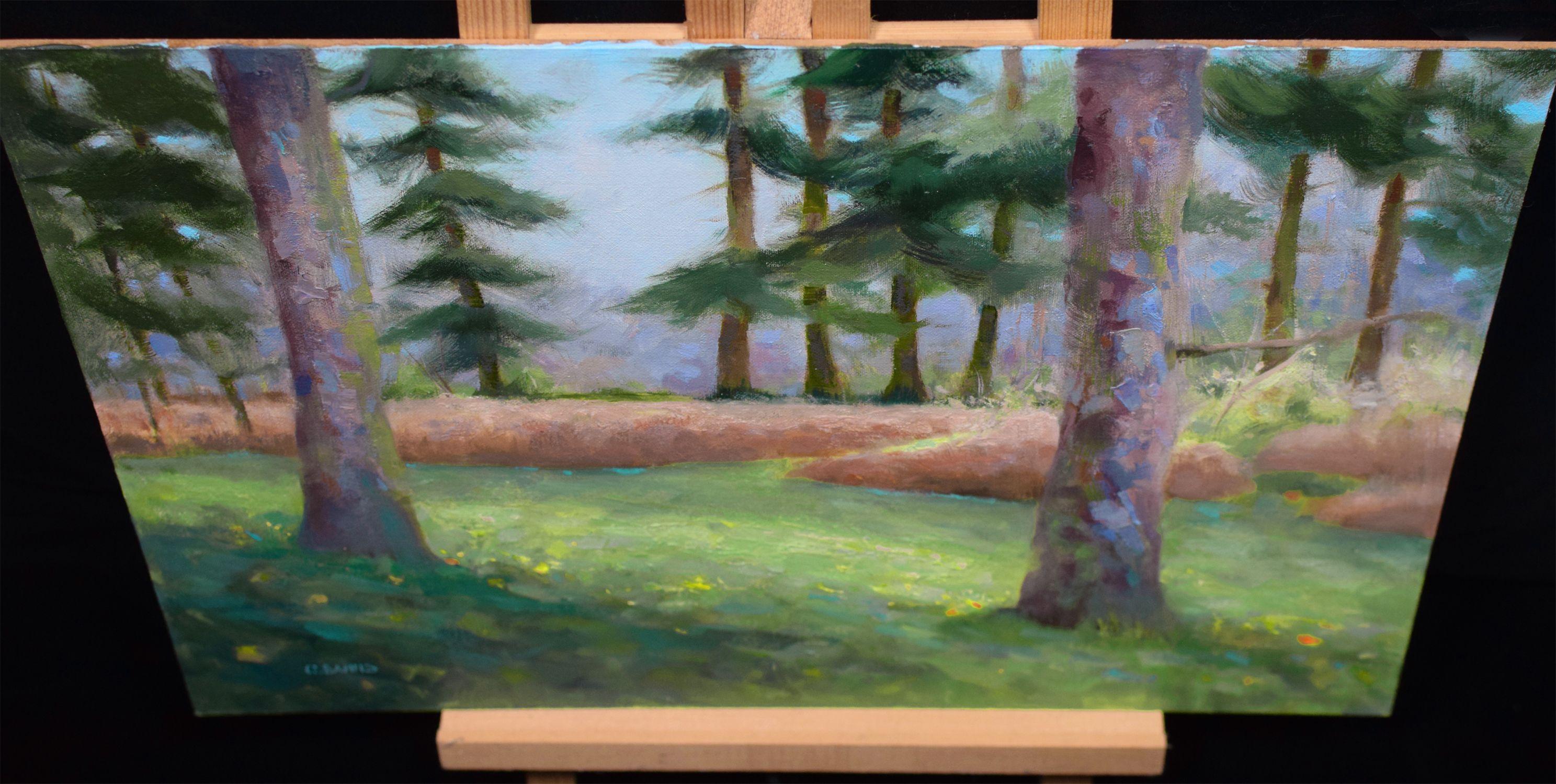 Impressionist Pine tree forest grass and bracken, Painting, Oil on Canvas For Sale 1