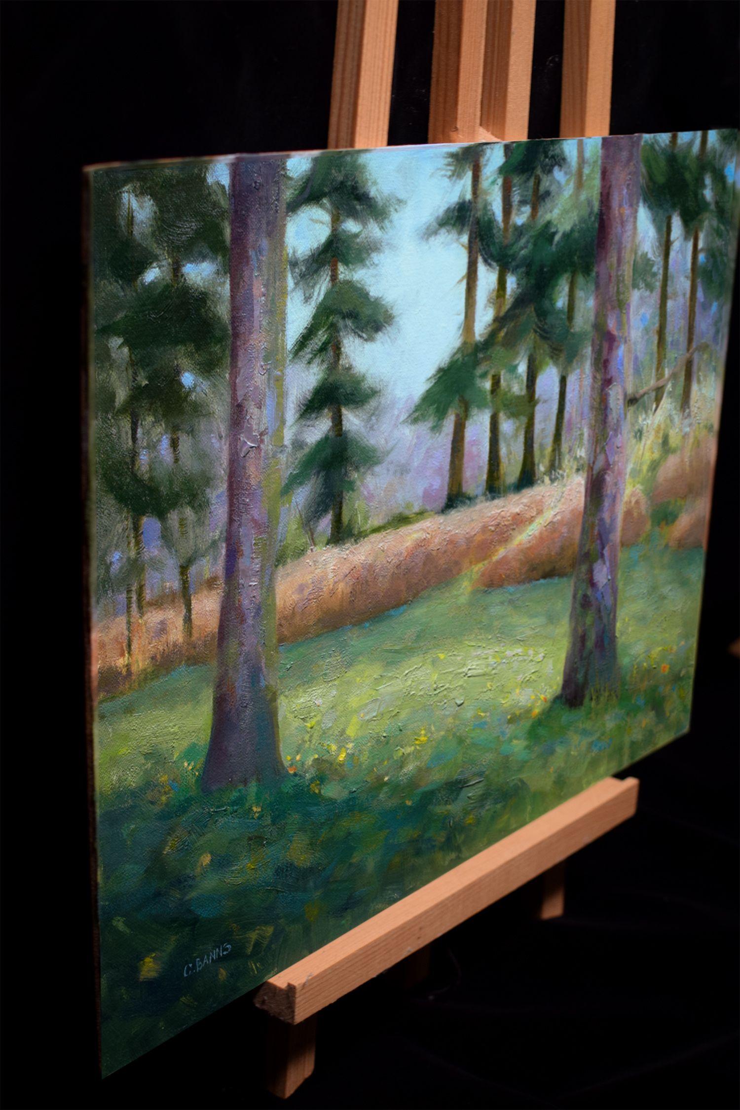 Impressionist Pine tree forest grass and bracken, Painting, Oil on Canvas For Sale 2