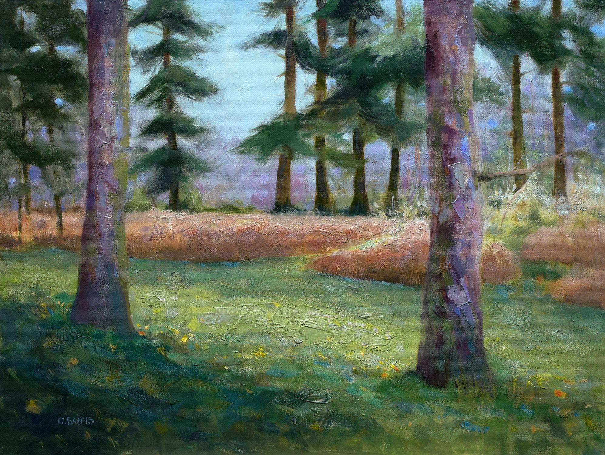 Impressionistisches Gemälde, Öl auf Leinwand, Kiefernholz, Waldgras und Bracken