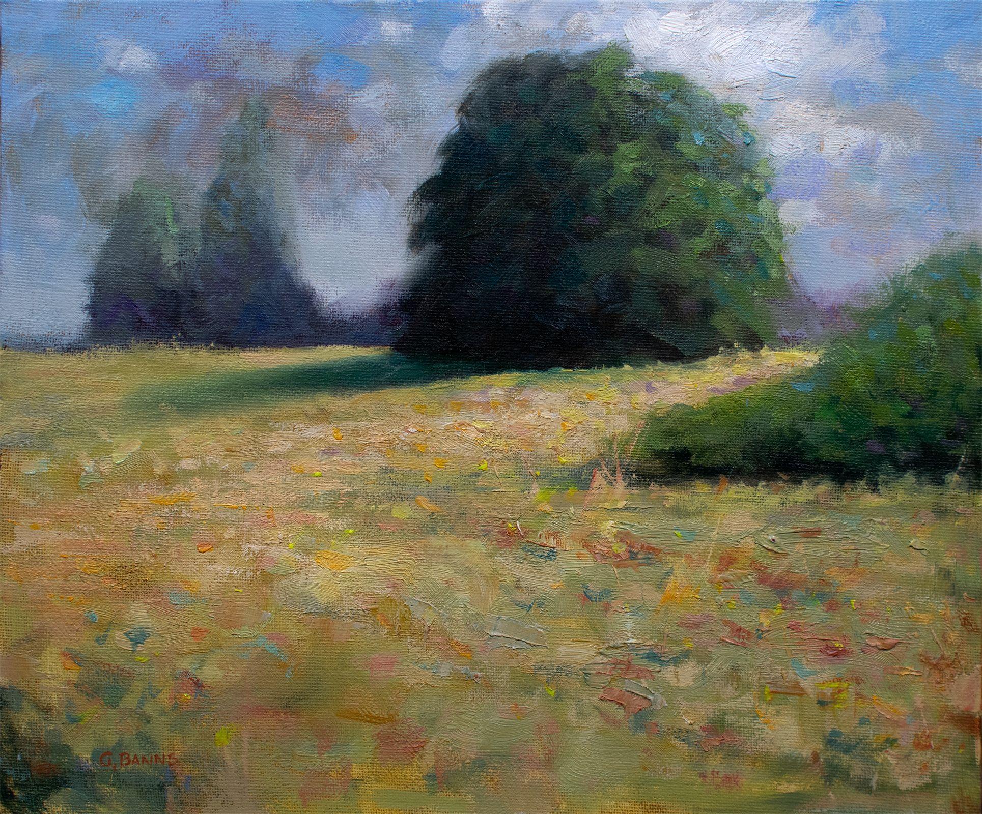 This is a scene from a nearby field, in quite a untamed part of Western France. I liked the interplay of light over the wild grasses and flowers, contrasting to the deeper shadows of the trees. It's painted in an impressionist style on canvasboard,