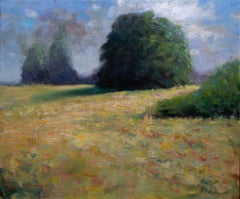 Peinture impressionniste - champ d'été, herbe et fleur sauvage, huile sur toile