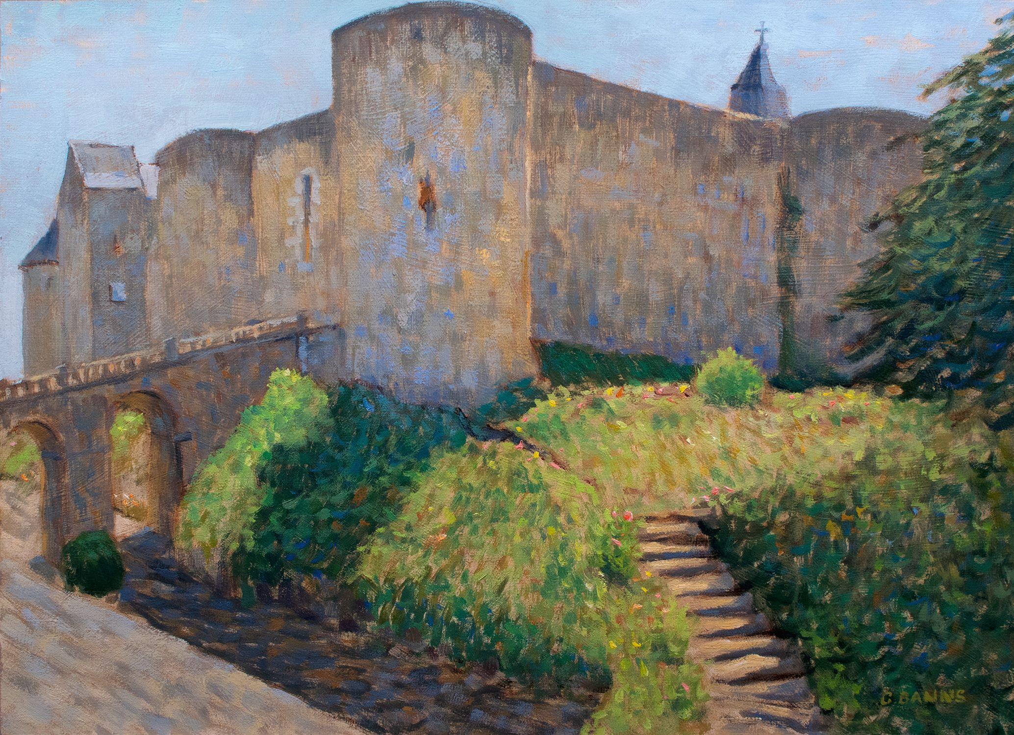 Fortaleza medieval, Castillo de Luynes Valle del Loira, Pintura, Óleo sobre lienzo - Painting de Gav Banns