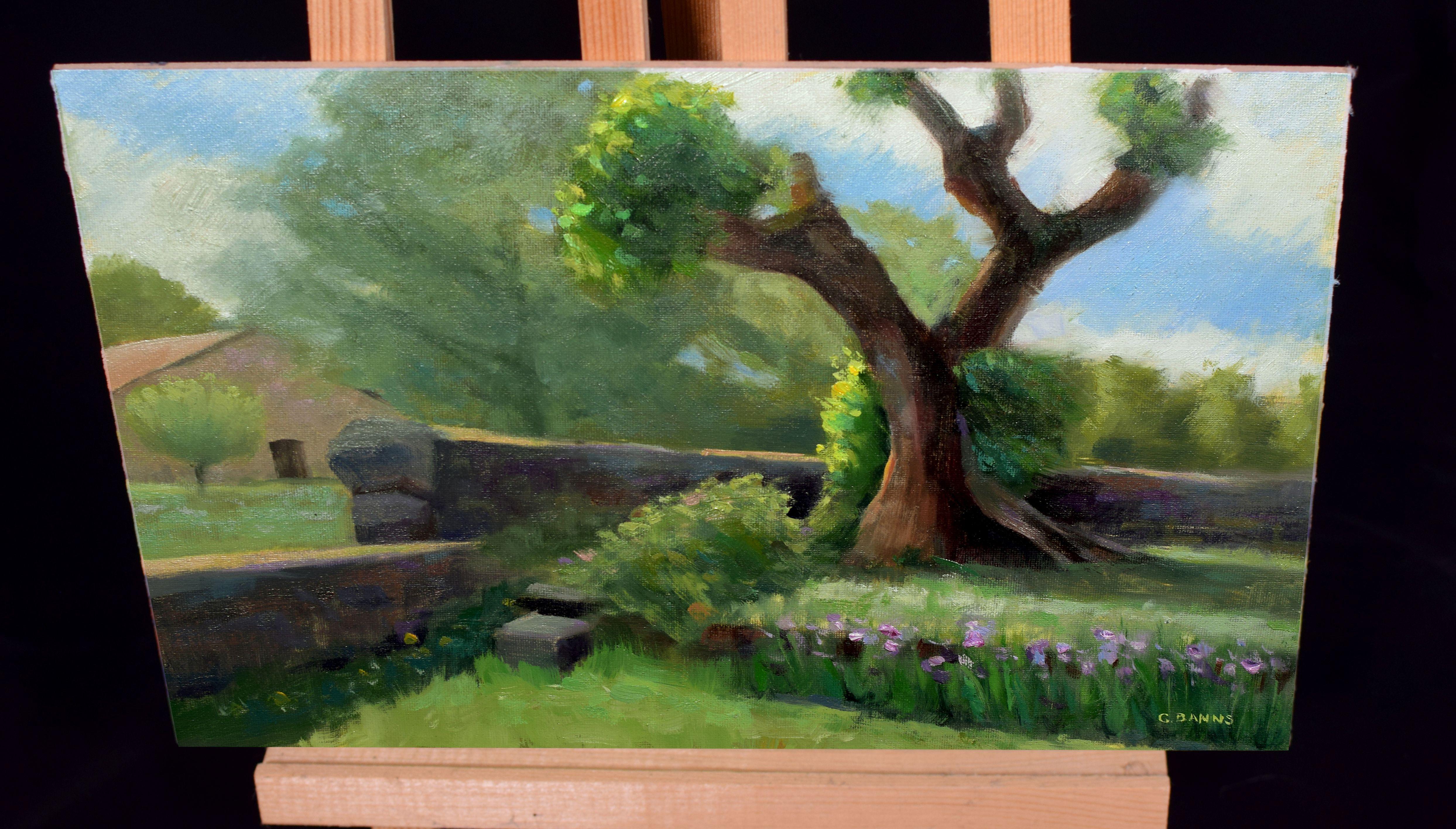 The old tree sits next to a medieval church (out of view) surrounded by several monasteries and an old stone barn as shown in the background, in Limousin France.    The painting is on Italian canvas attached to a wooden board and has been left to