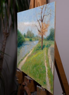 Peinture représentant un lac flottant dans un parc des Bois de Boulogne, huile sur toile, Paris